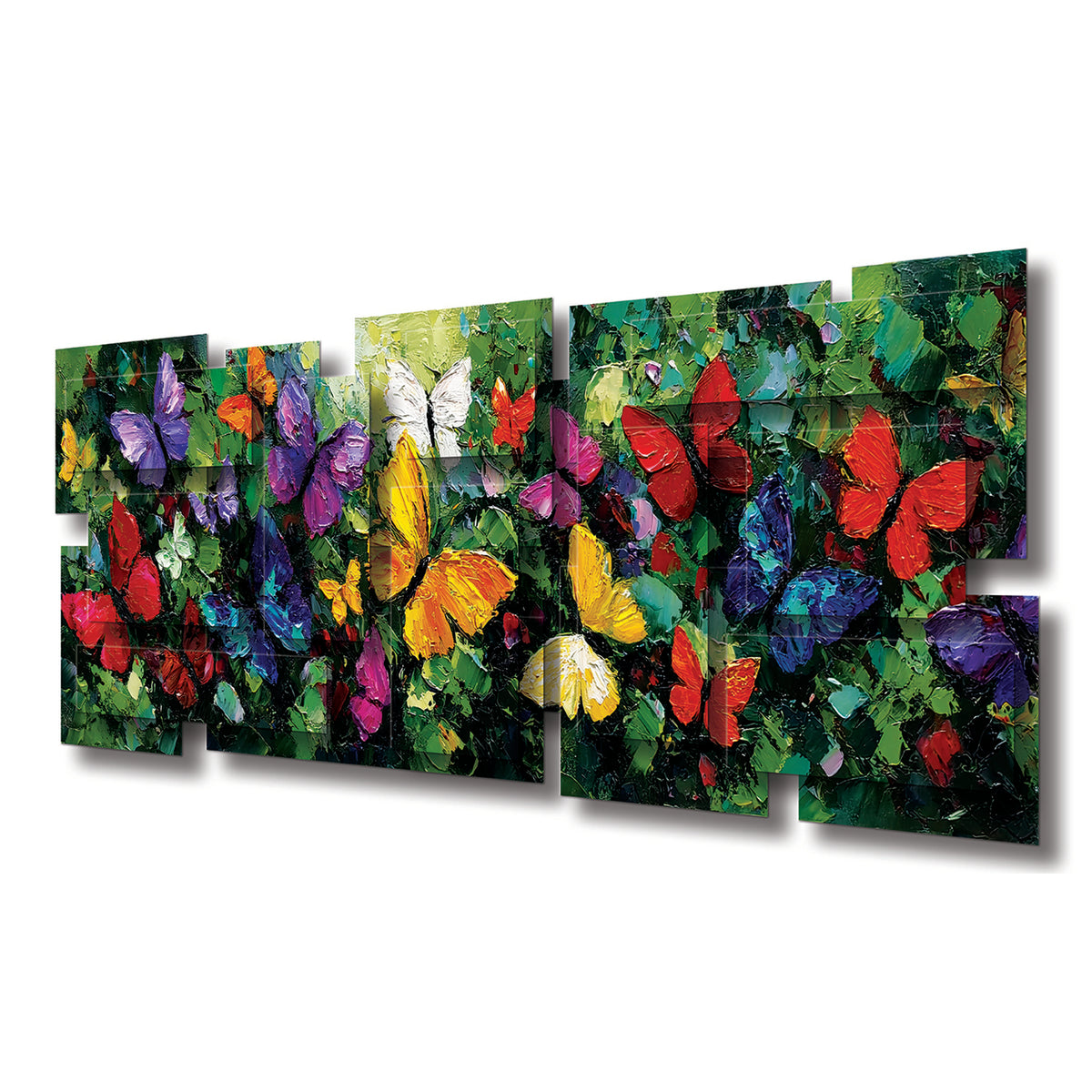 Butterflies wall sculpture at an angle, showing the layered aluminum panels