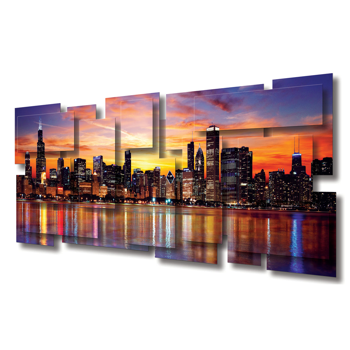 Chicago wall sculpture at an angle, showing the layered aluminum panels