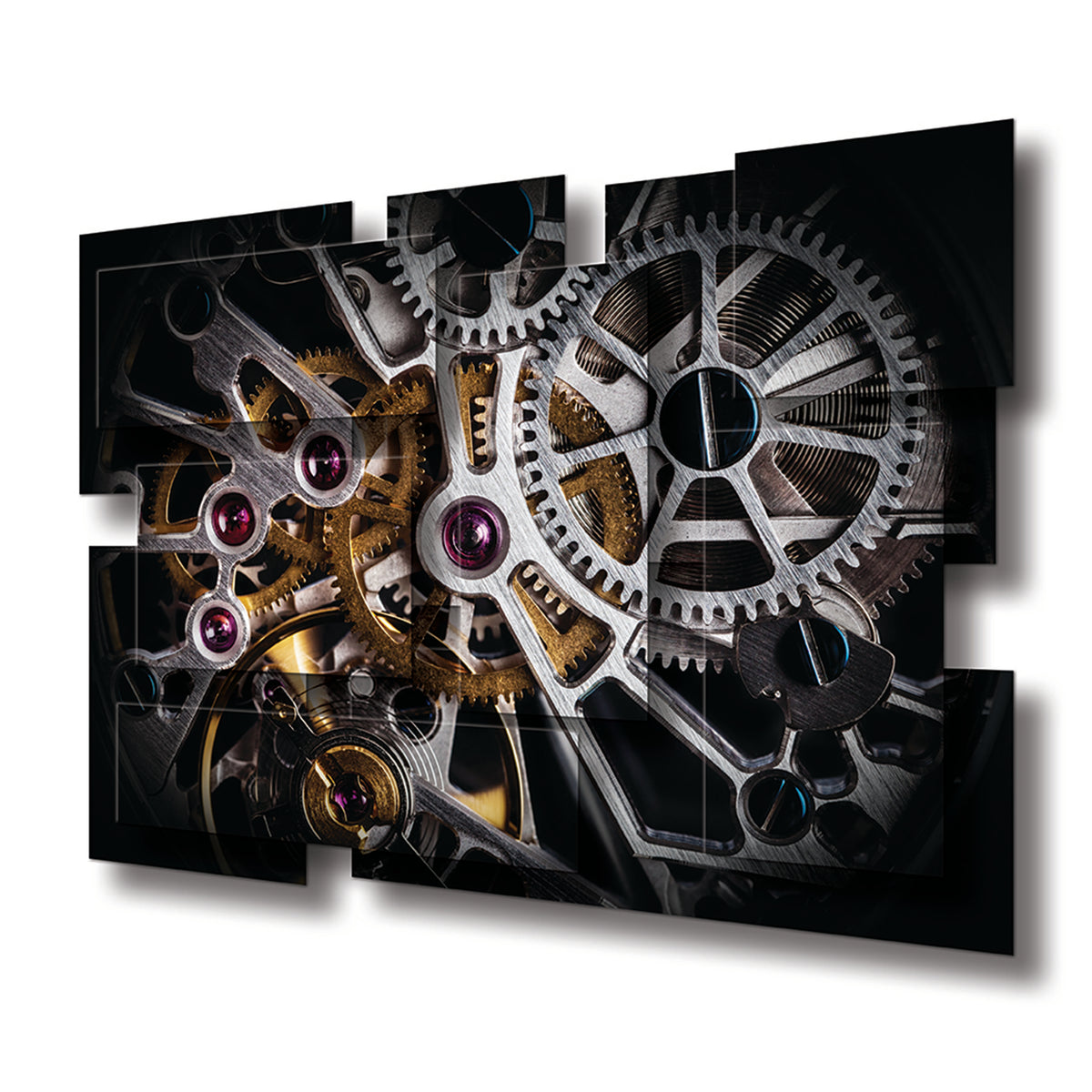 Clockwork wall sculpture at an angle, showing the layered aluminum panels