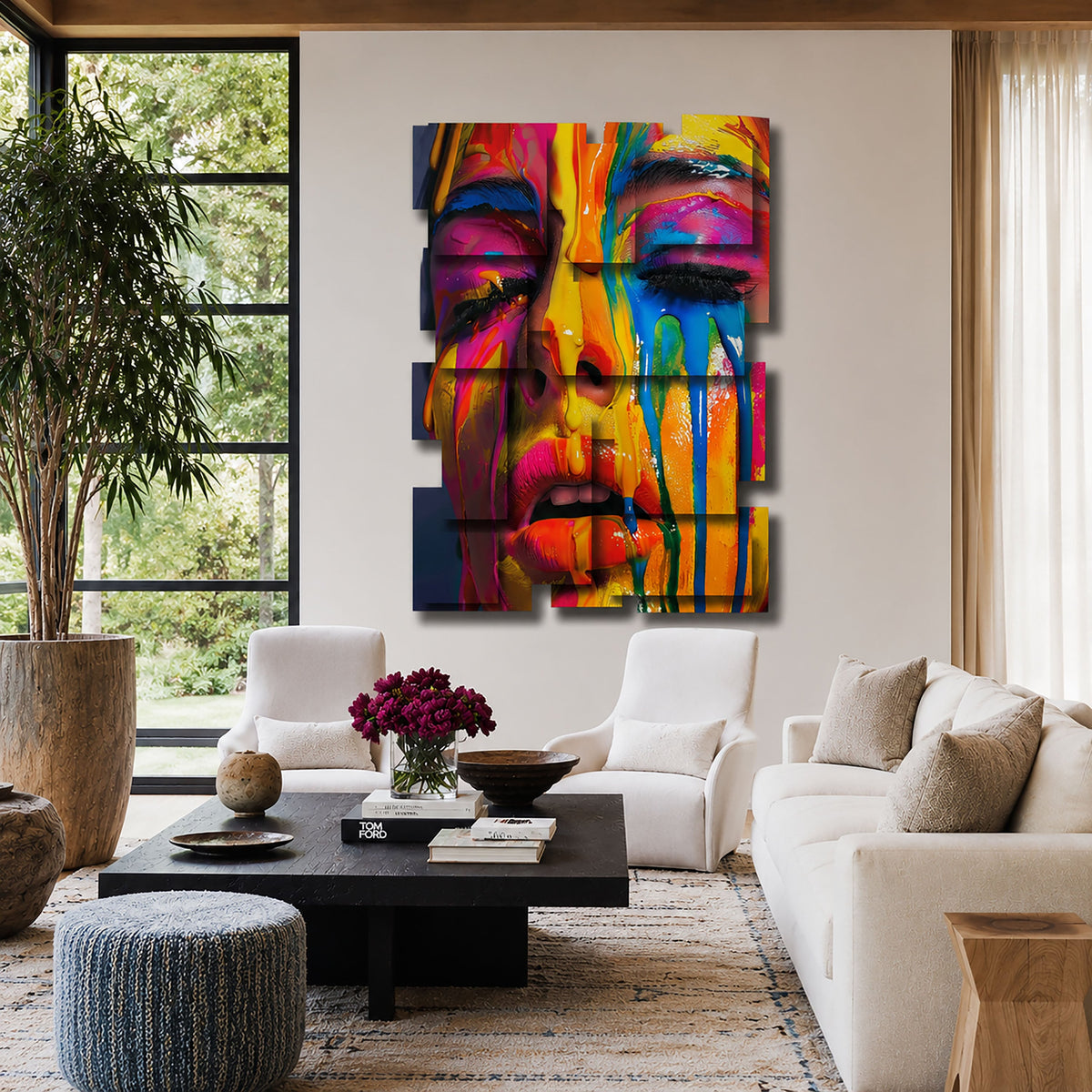 Drip wall sculpture displayed in a styled interior