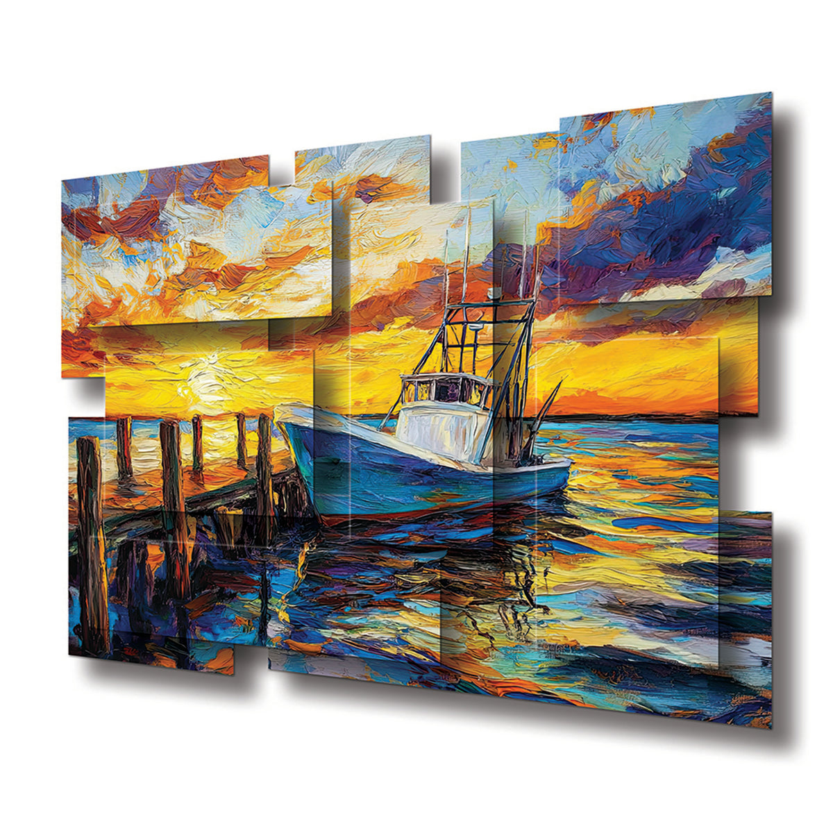 Dusk wall sculpture at an angle, showing the layered aluminum panels