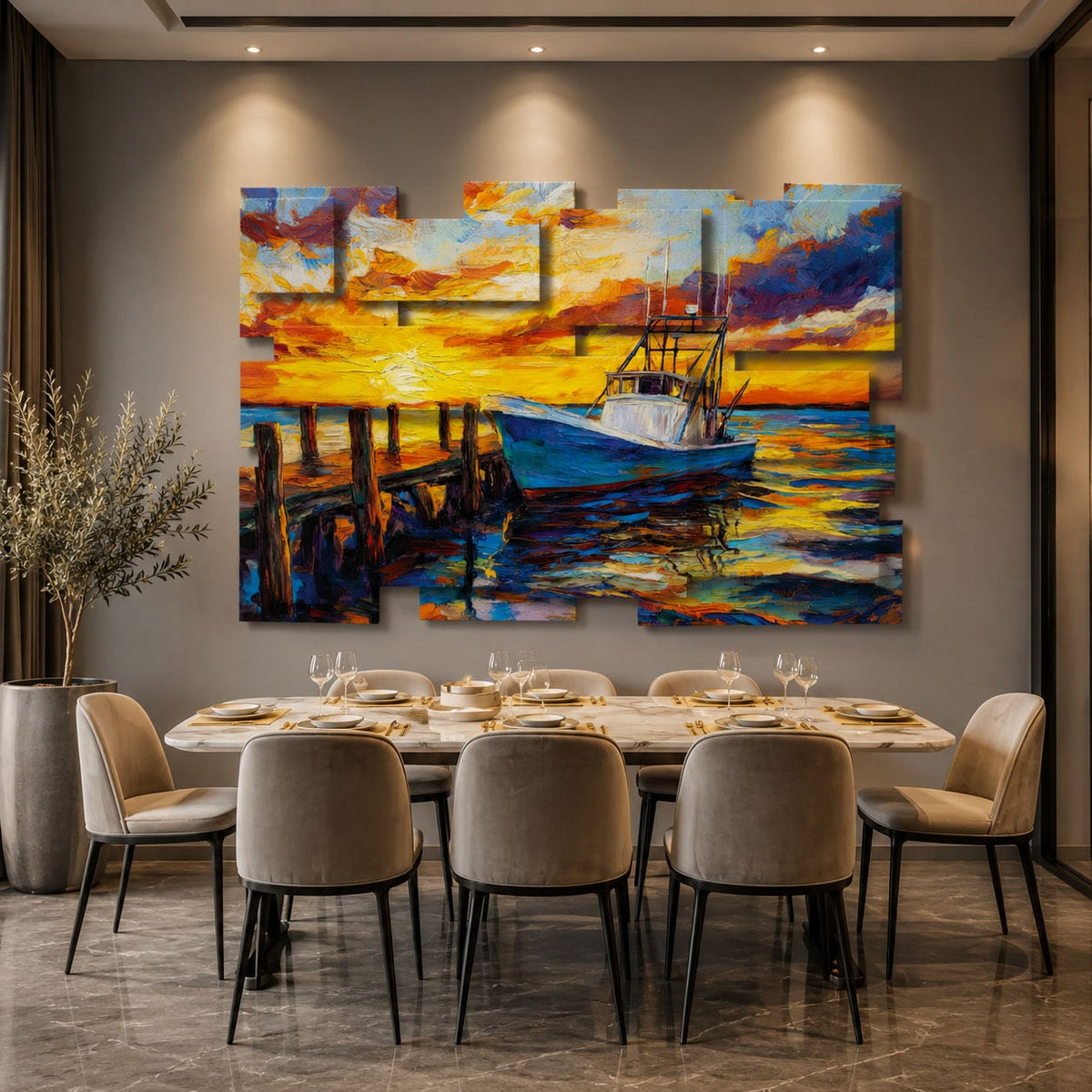 Dusk wall sculpture displayed in a styled interior