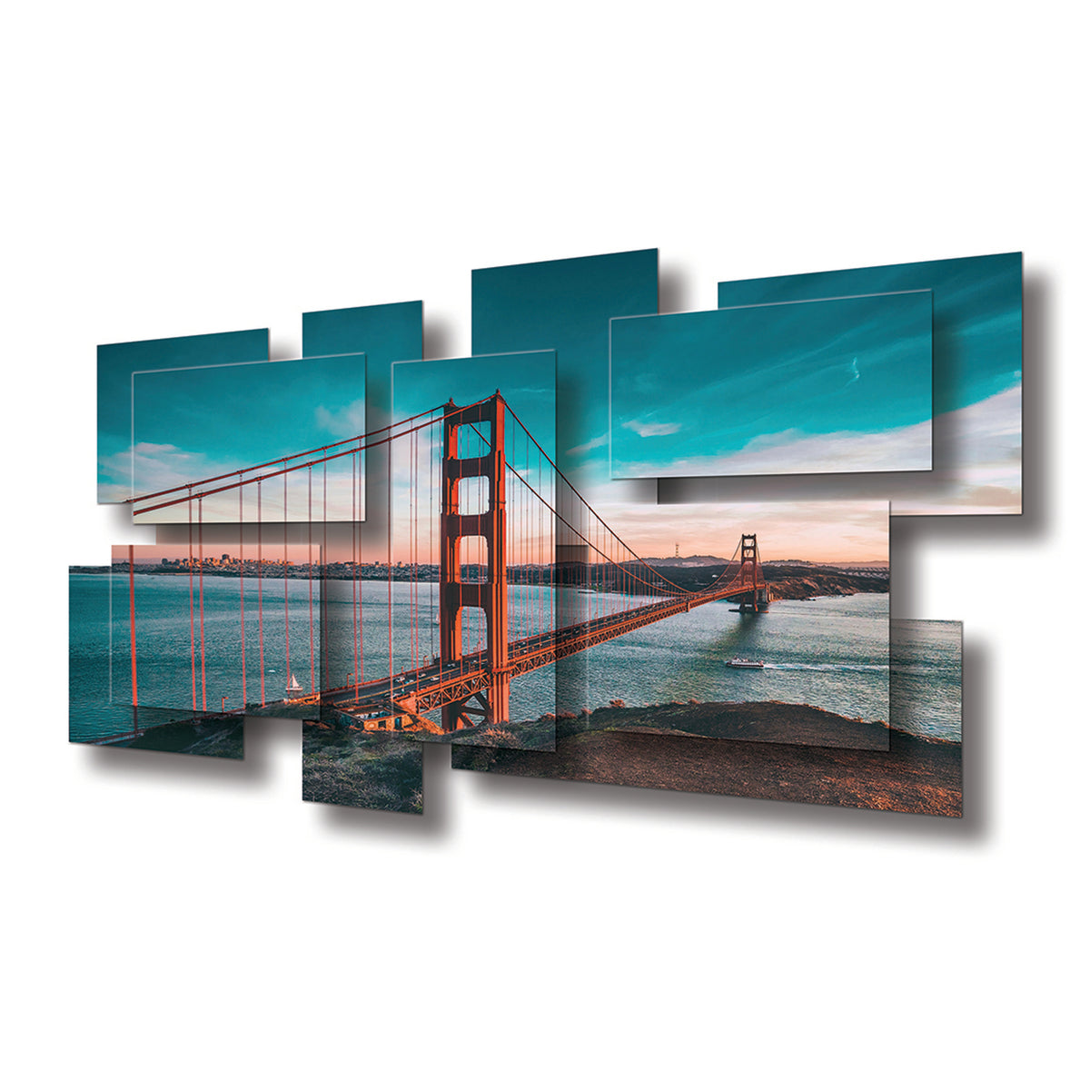 Golden Gate wall sculpture at an angle, showing the layered aluminum panels