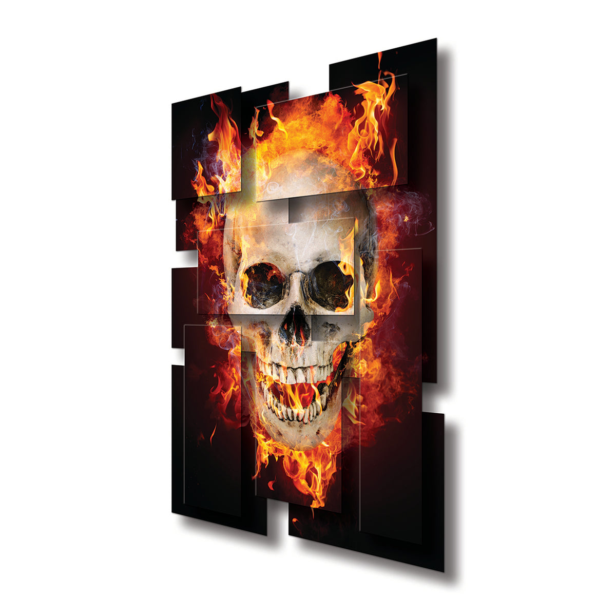 Inferno wall sculpture at an angle, showing the layered aluminum panels