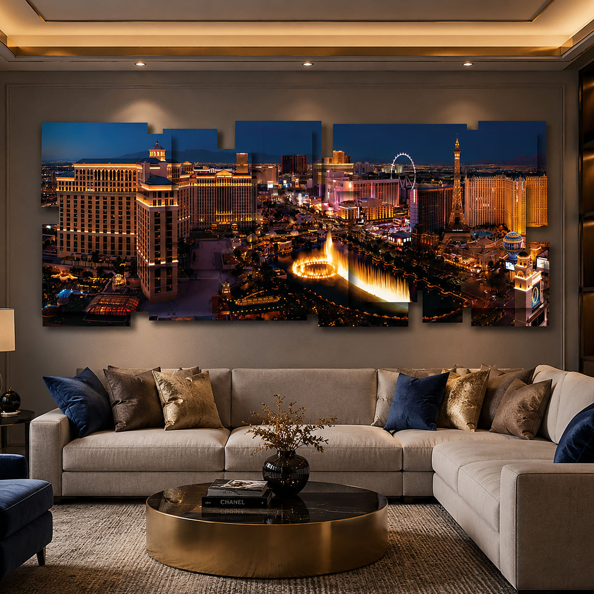 Las Vegas wall sculpture displayed in a styled interior