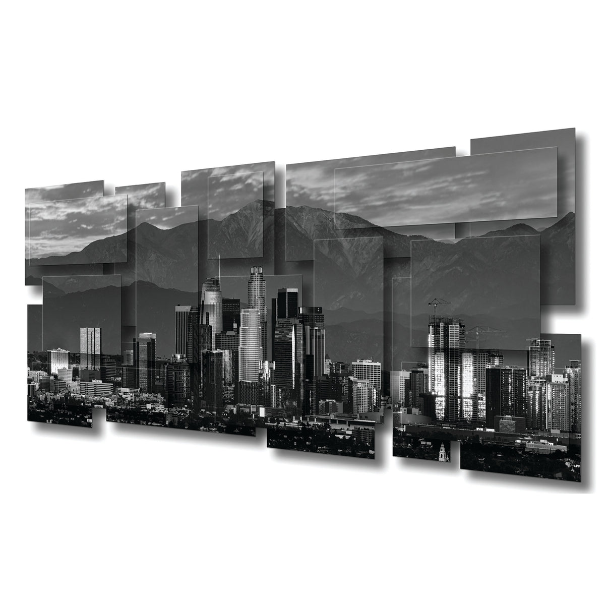 Los Angeles B/W wall sculpture at an angle, showing the layered aluminum panels
