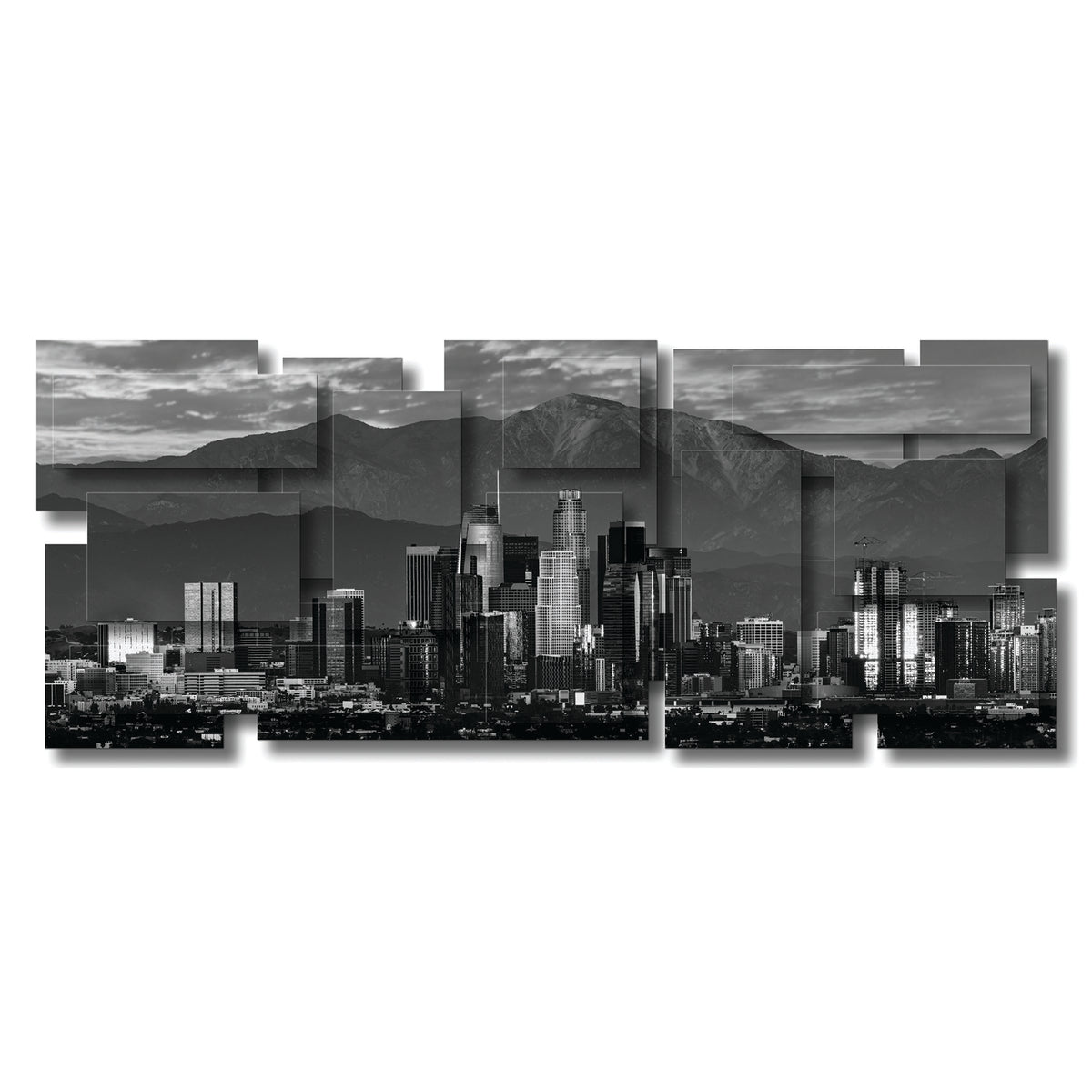Los Angeles B/W wall sculpture, panoramic, 60 x 24 inches