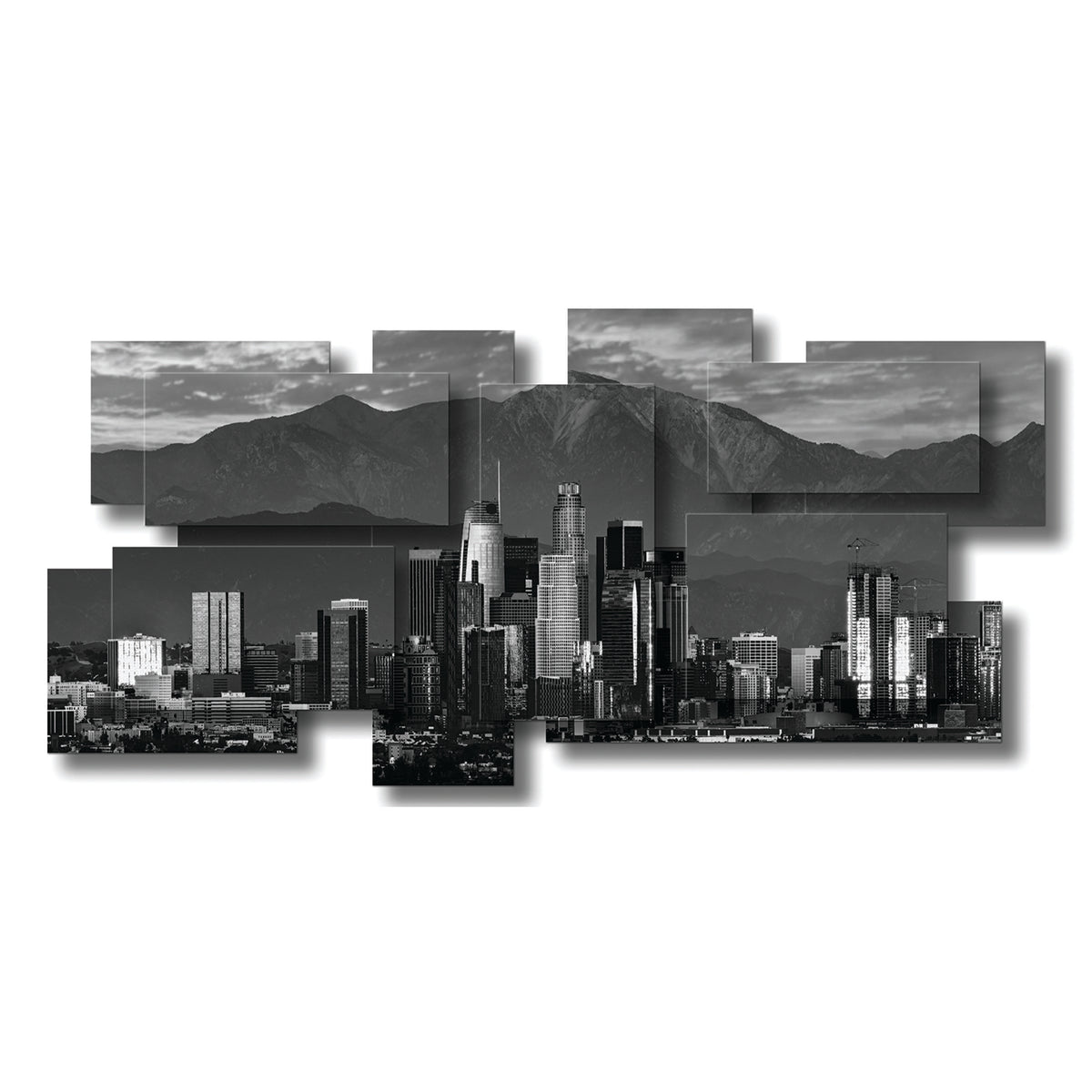 Los Angeles B/W wall sculpture, panoramic, 46 x 22 inches