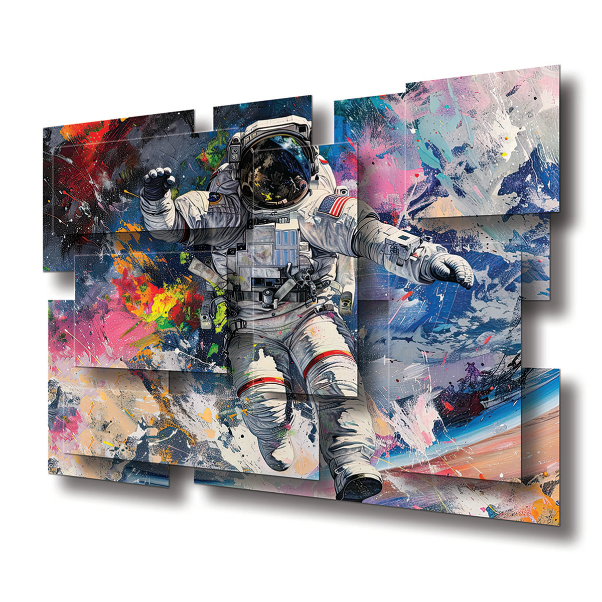 Major Tom wall sculpture at an angle, showing the layered aluminum panels