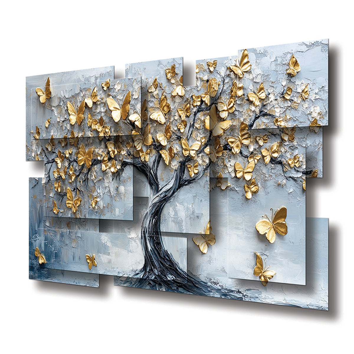 Mariposa wall sculpture at an angle, showing the layered aluminum panels