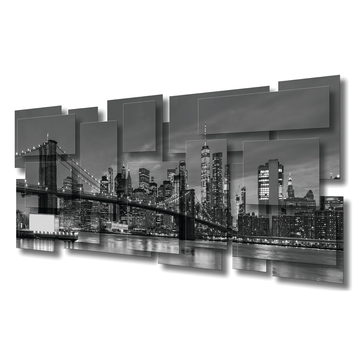 New York 3 B/W wall sculpture at an angle, showing the layered aluminum panels