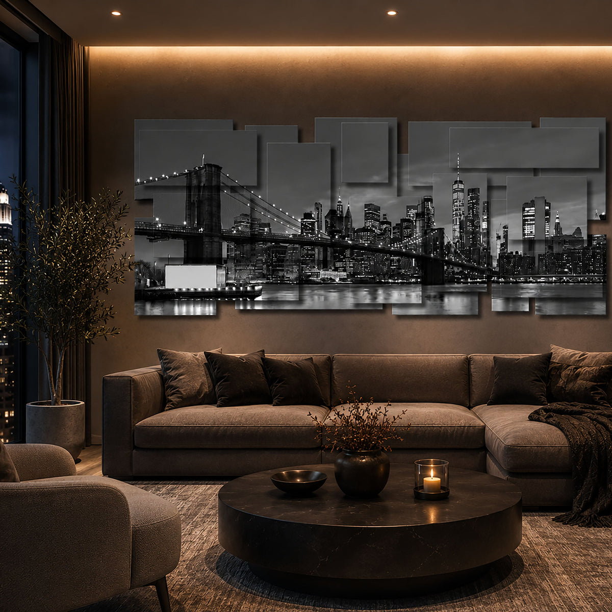 New York 3 B/W wall sculpture displayed in a styled interior