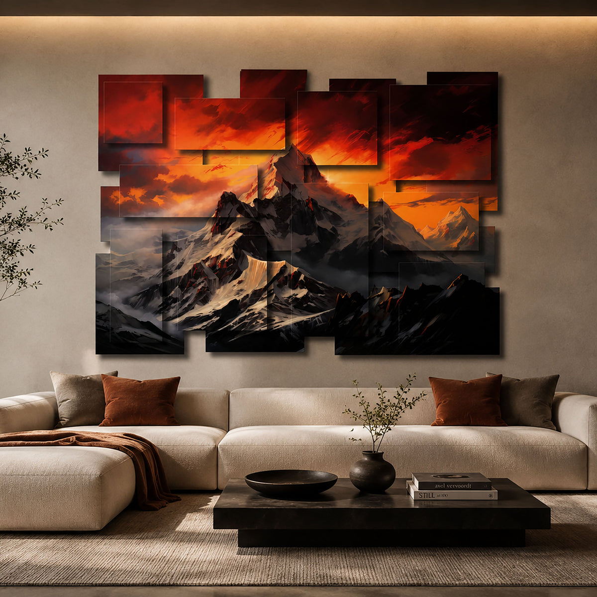 Peak wall sculpture displayed in a styled interior