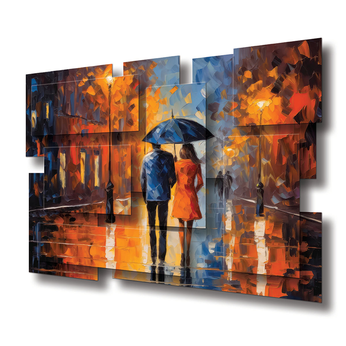 Rain wall sculpture at an angle, showing the layered aluminum panels