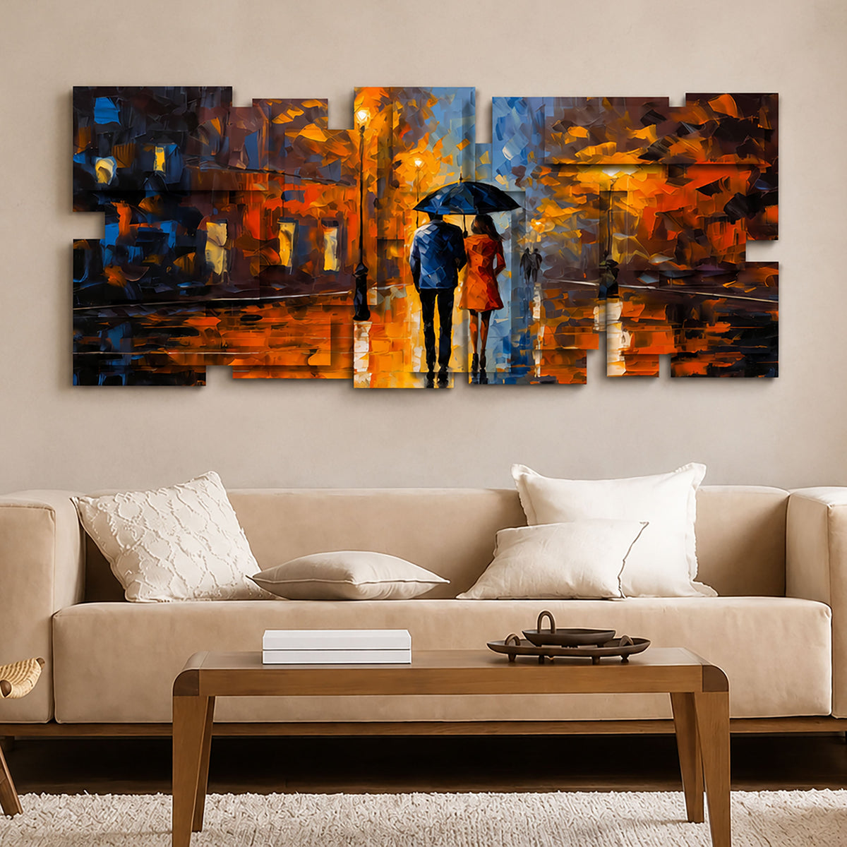 Rain wall sculpture displayed in a styled interior