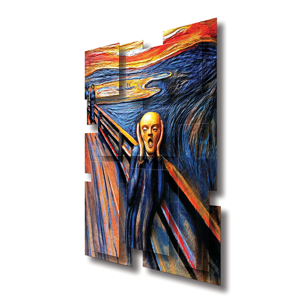 The Scream wall sculpture at an angle, showing the layered aluminum panels