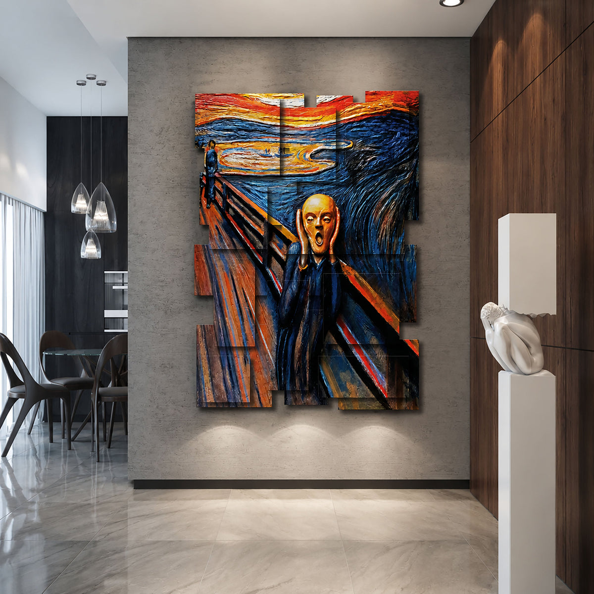 The Scream wall sculpture displayed in a styled interior