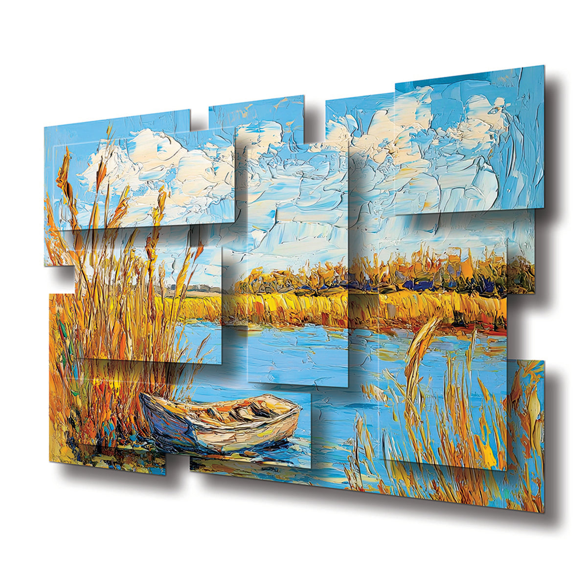 Tranquility wall sculpture at an angle, showing the layered aluminum panels