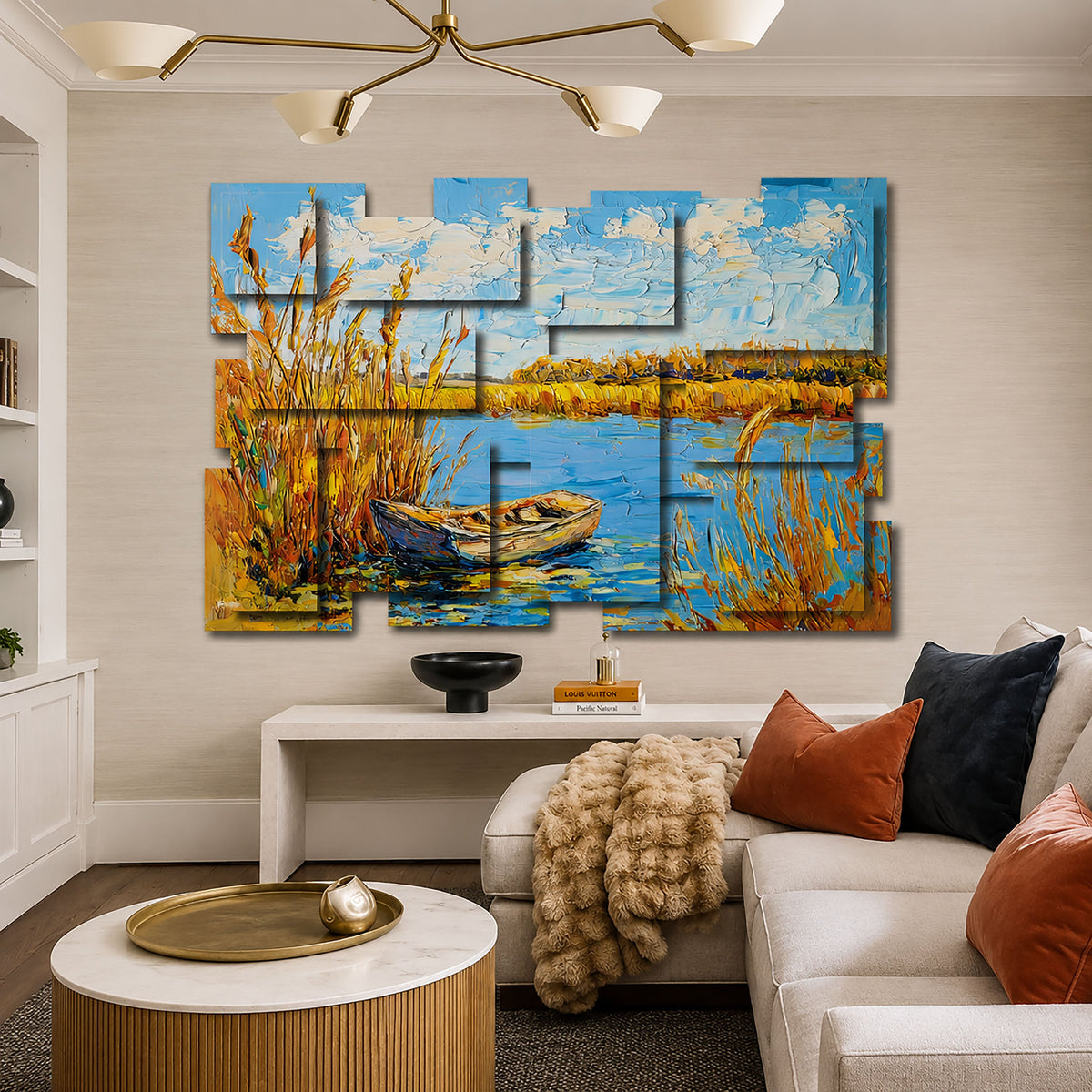 Tranquility wall sculpture displayed in a styled interior