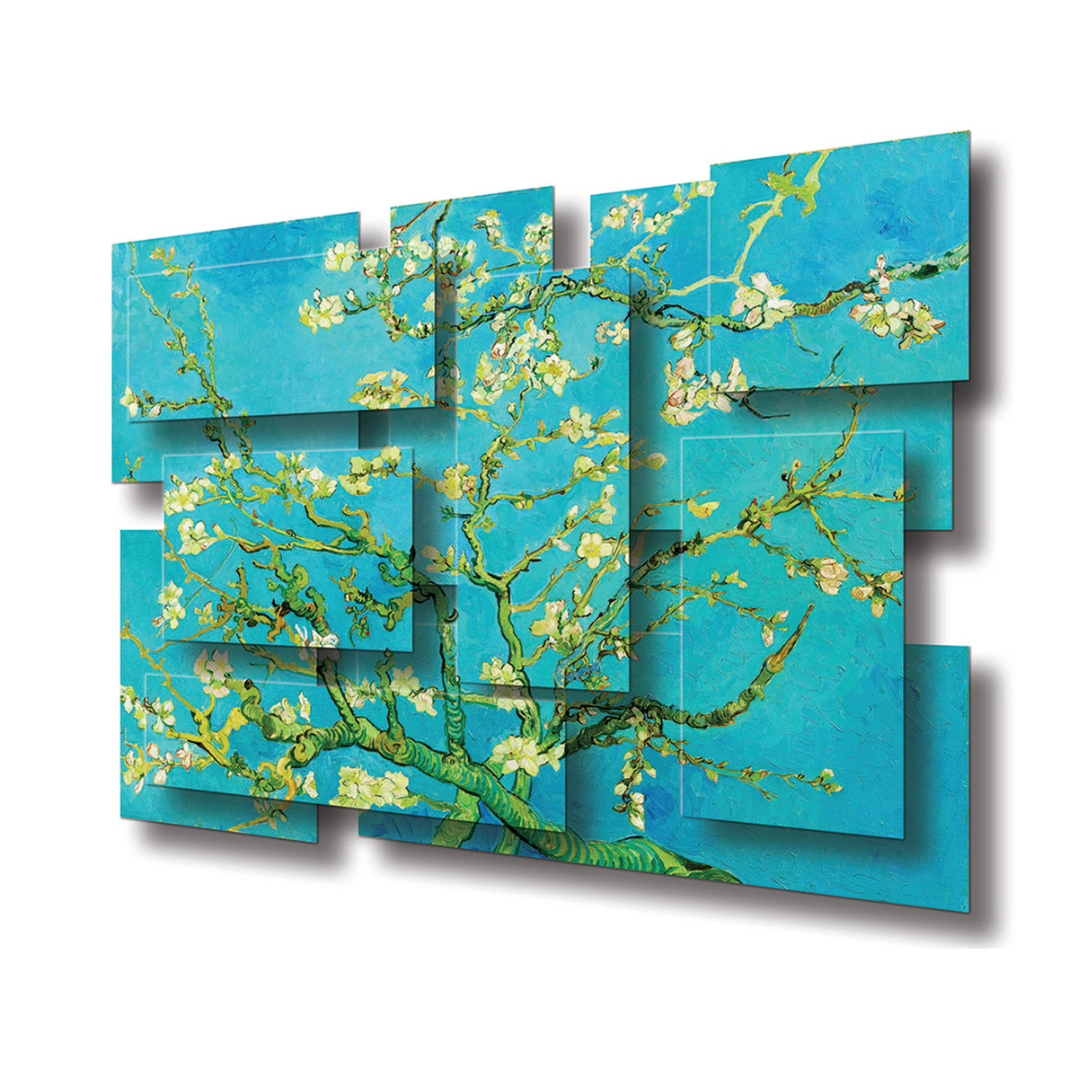 Almond Blossoms wall sculpture at an angle, showing the layered aluminum panels