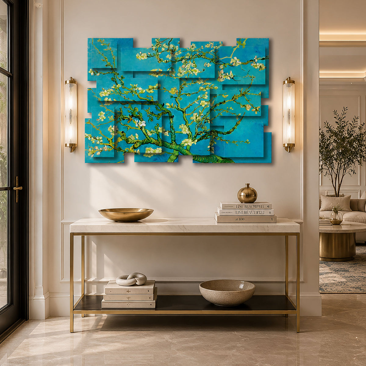 Almond Blossoms wall sculpture displayed in a styled interior