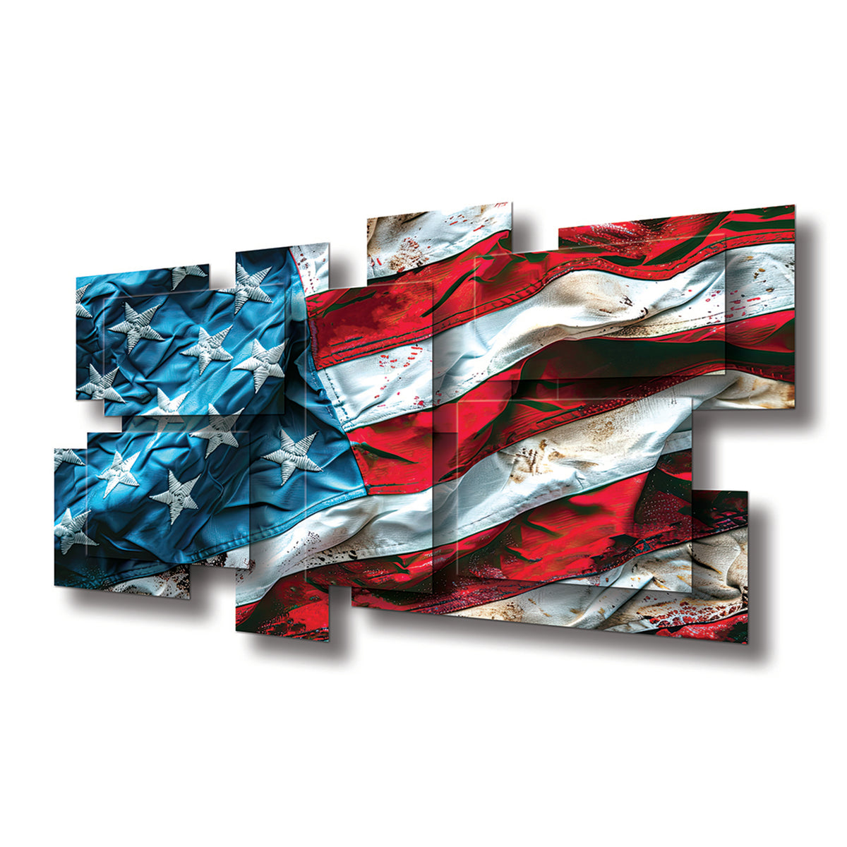 America wall sculpture at an angle, showing the layered aluminum panels