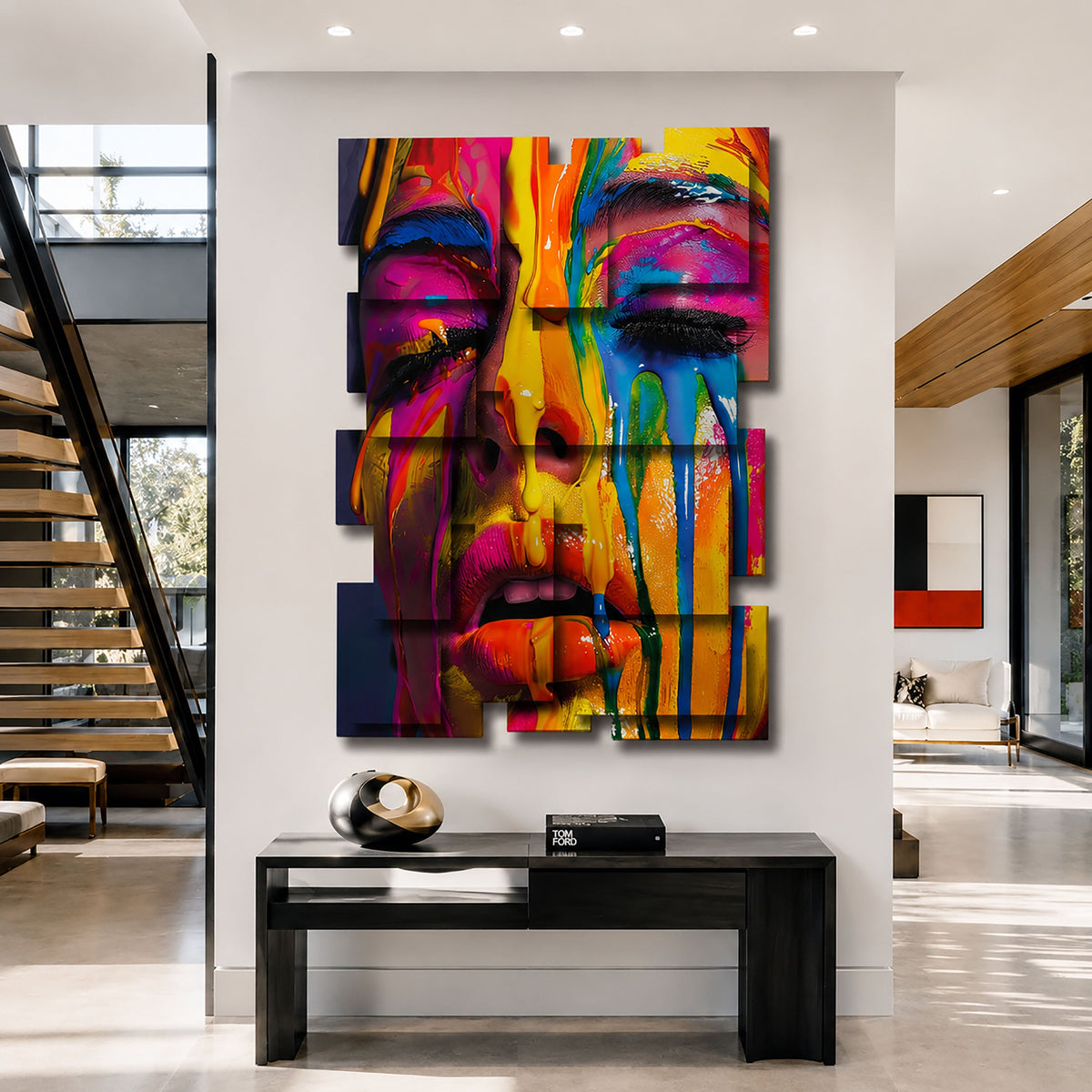 Drip wall sculpture displayed in a styled interior
