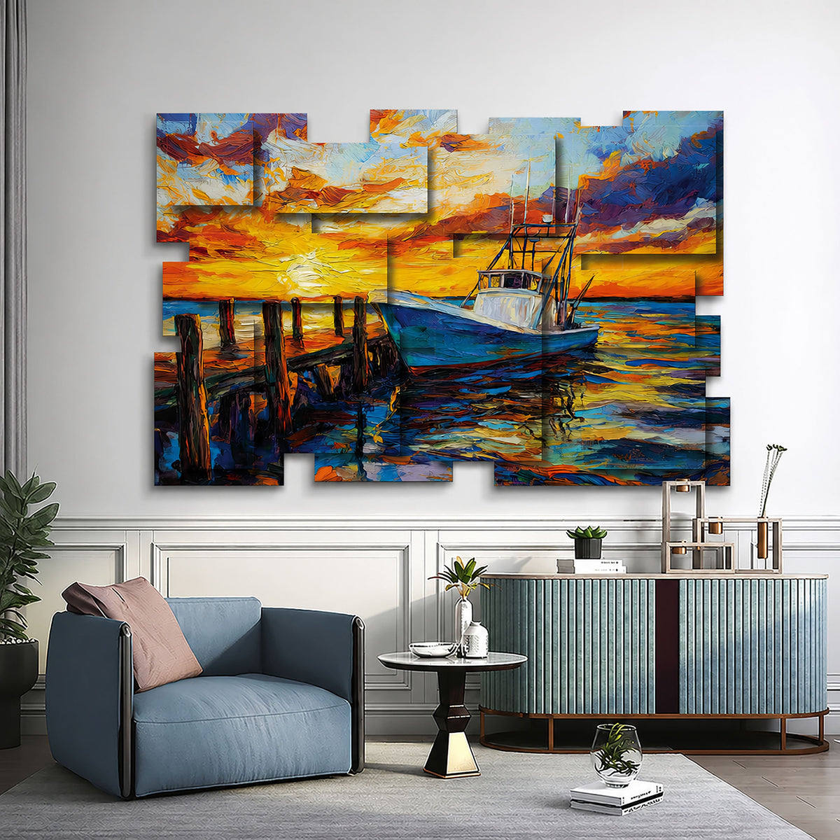 Dusk wall sculpture displayed in a styled interior