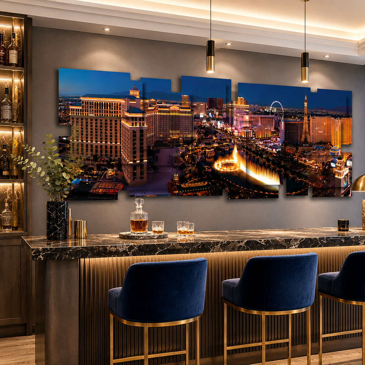 Las Vegas wall sculpture displayed in a styled interior