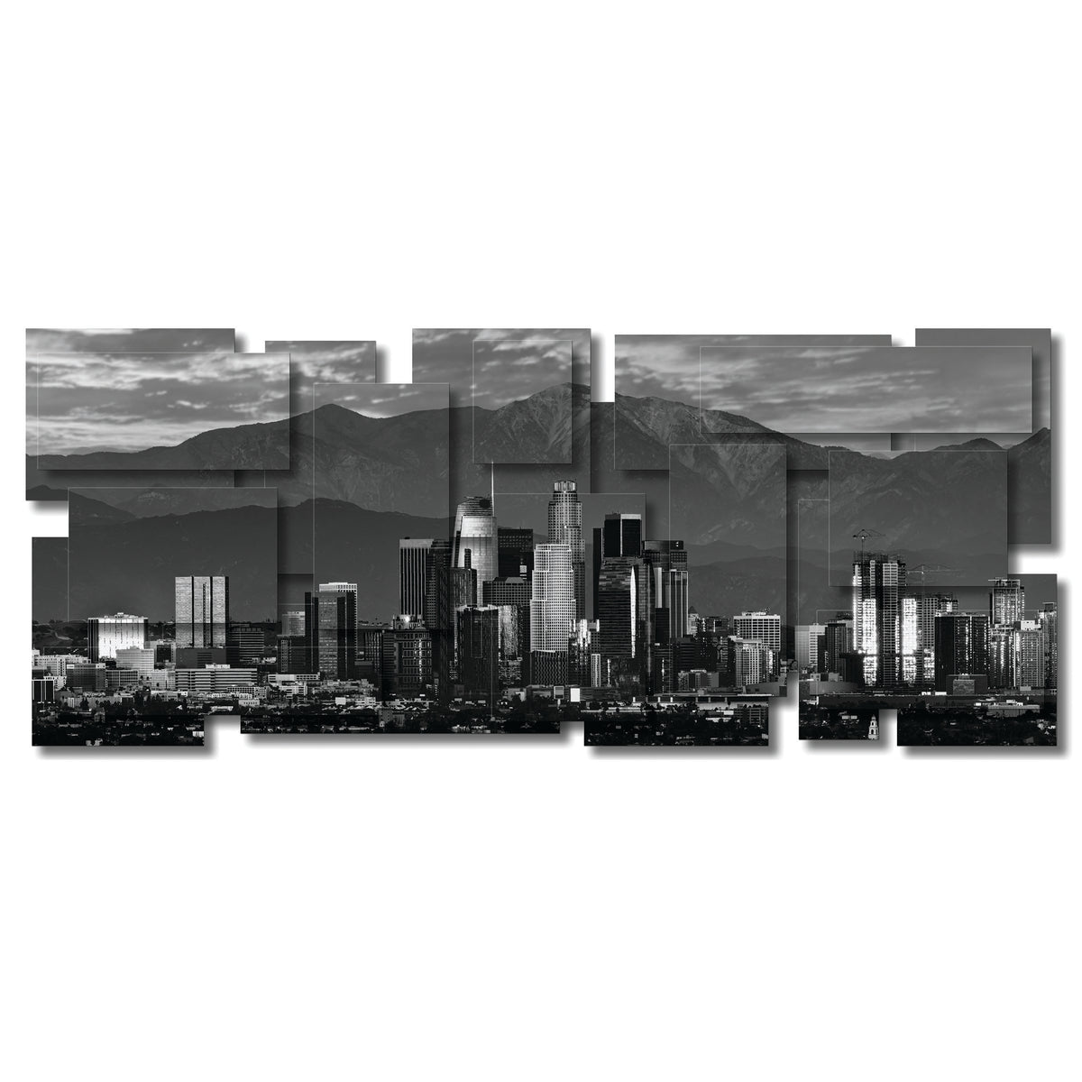 Los Angeles B/W wall sculpture, panoramic, 84 x 34 inches