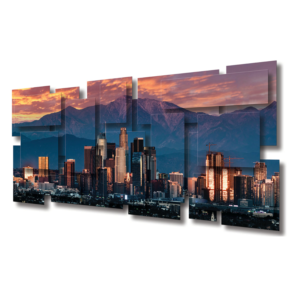 Los Angeles wall sculpture at an angle, showing the layered aluminum panels