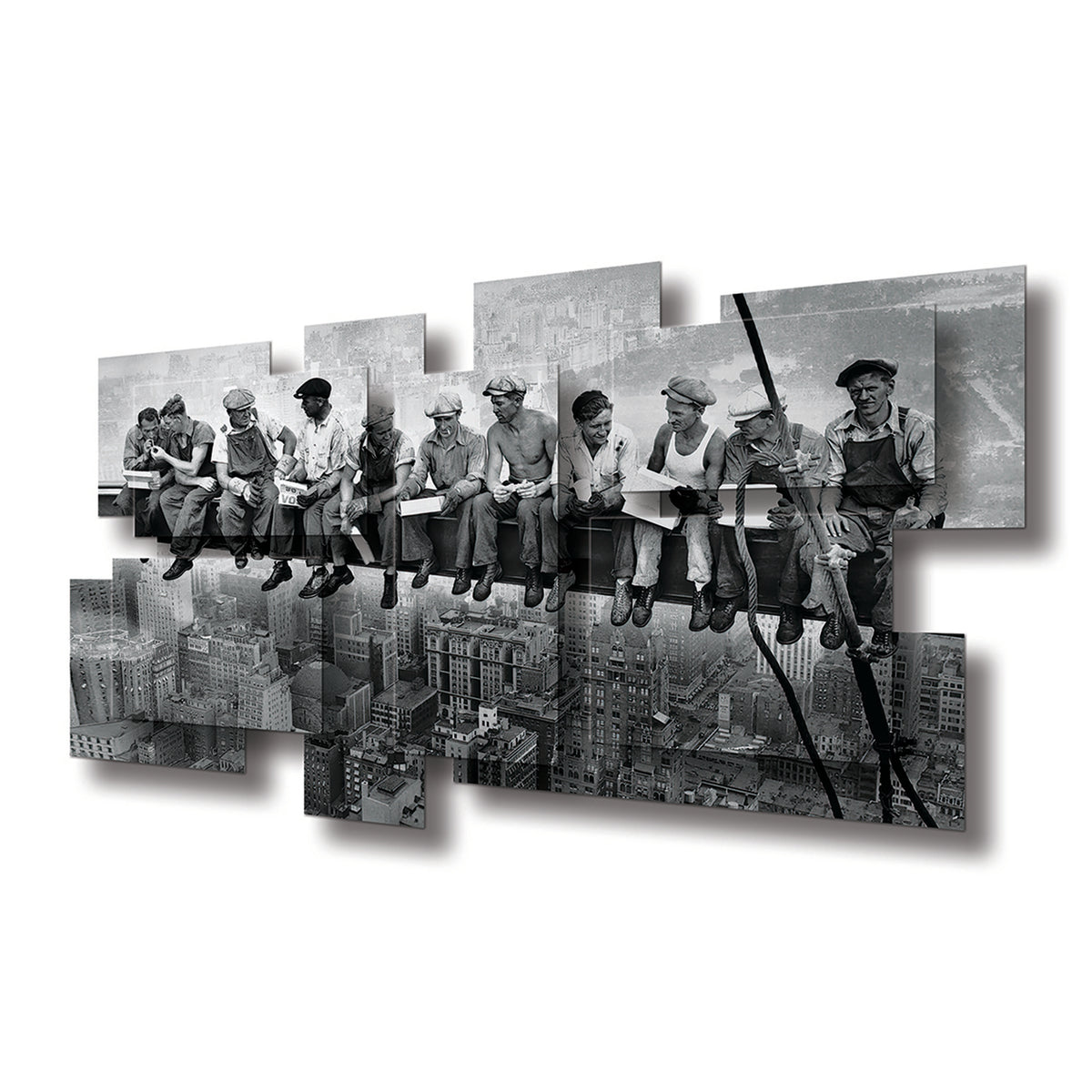 Lunchtime wall sculpture at an angle, showing the layered aluminum panels