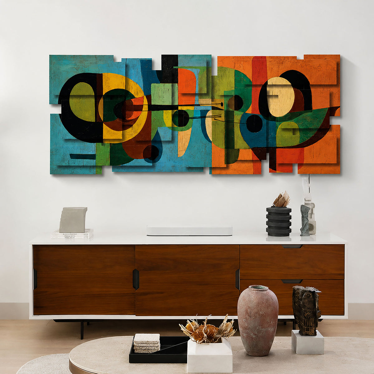Mid Mod wall sculpture displayed in a styled interior