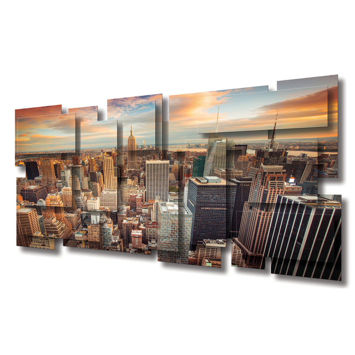 New York 1 wall sculpture at an angle, showing the layered aluminum panels