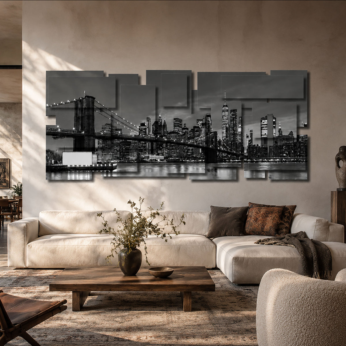 New York 3 B/W wall sculpture displayed in a styled interior