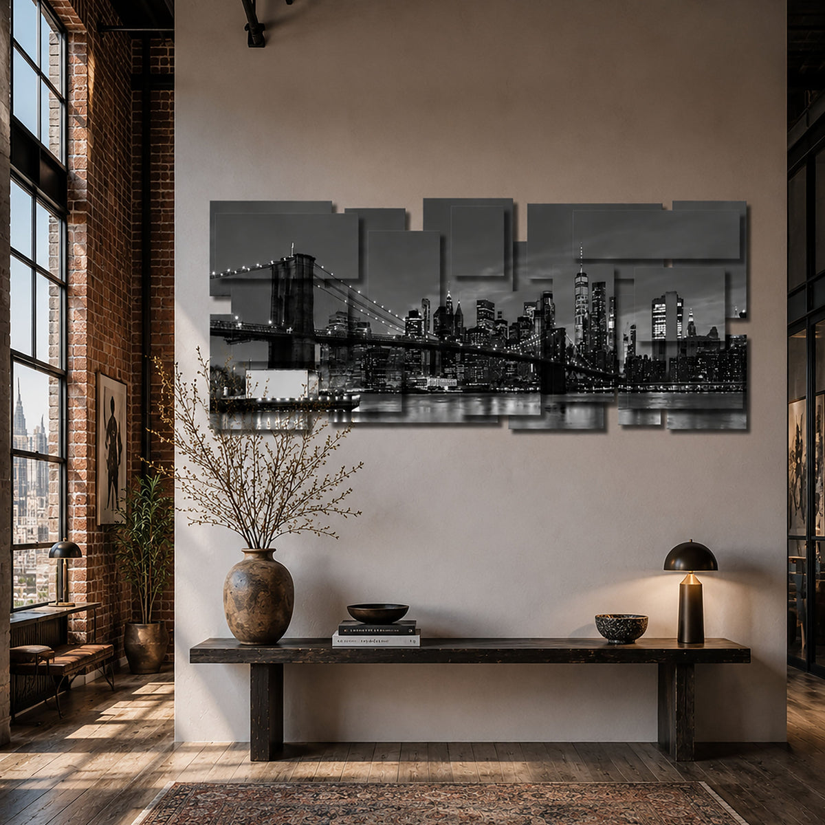New York 3 B/W wall sculpture displayed in a styled interior