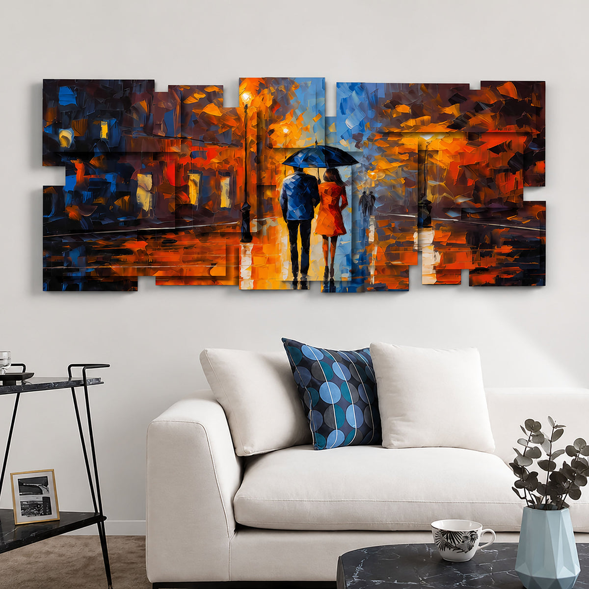 Rain wall sculpture displayed in a styled interior