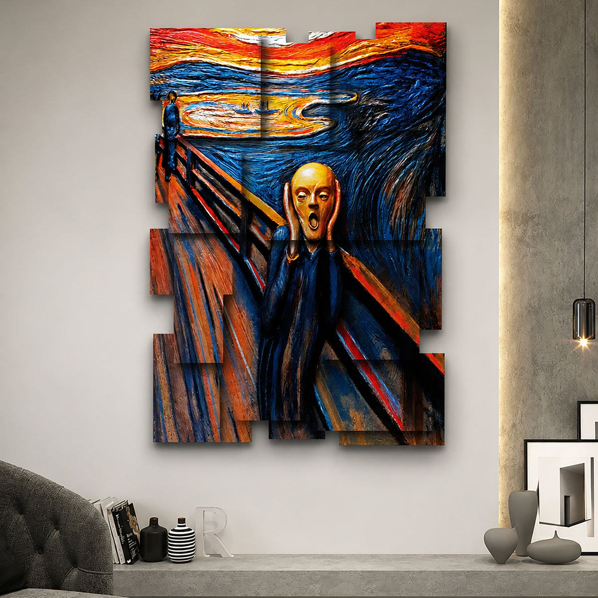 The Scream wall sculpture displayed in a styled interior