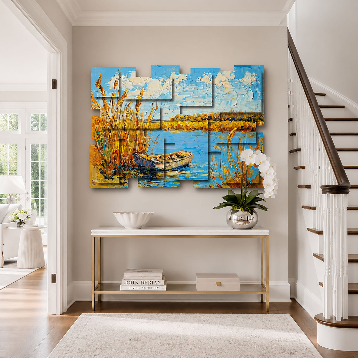Tranquility wall sculpture displayed in a styled interior