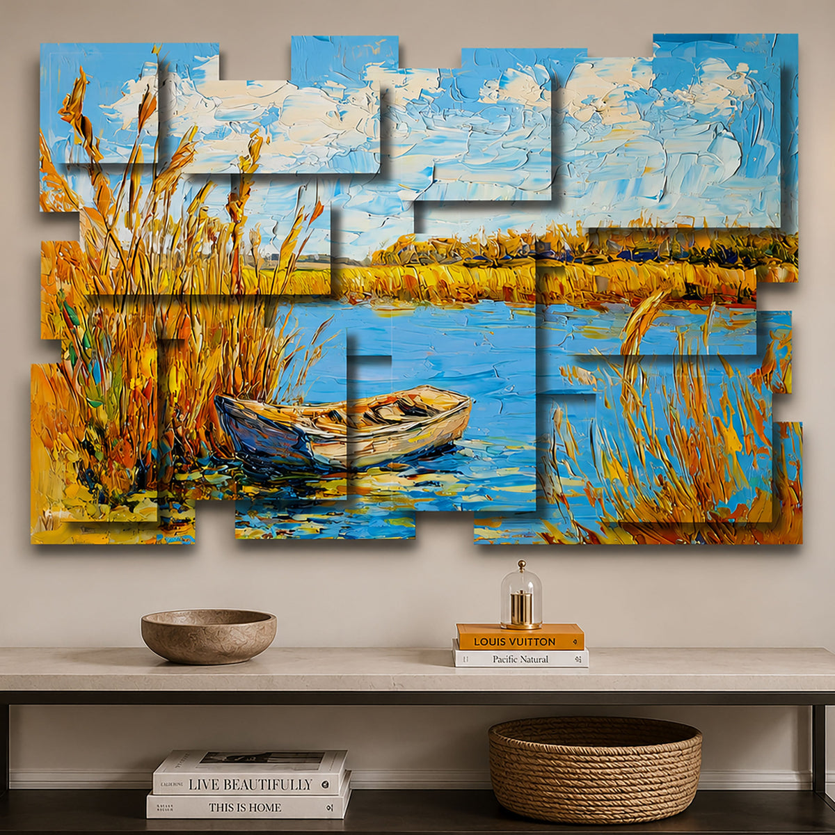 Tranquility wall sculpture displayed in a styled interior